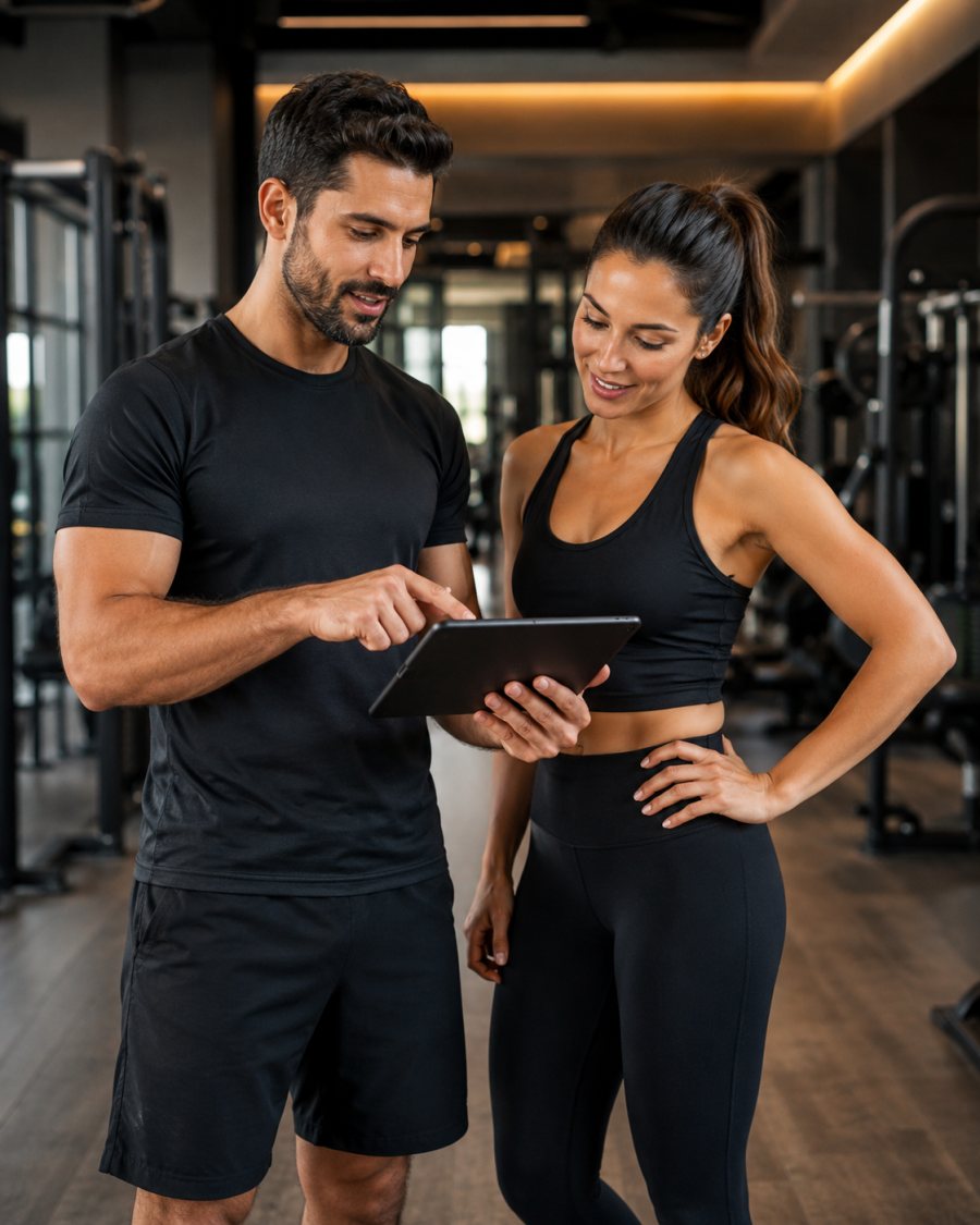 Fitness coach reviewing progress with a gym member